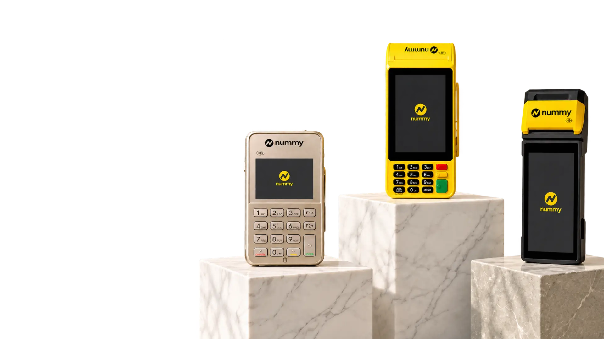 Maquininhas Nummy Plus, Pro e Smart sobre pedestais