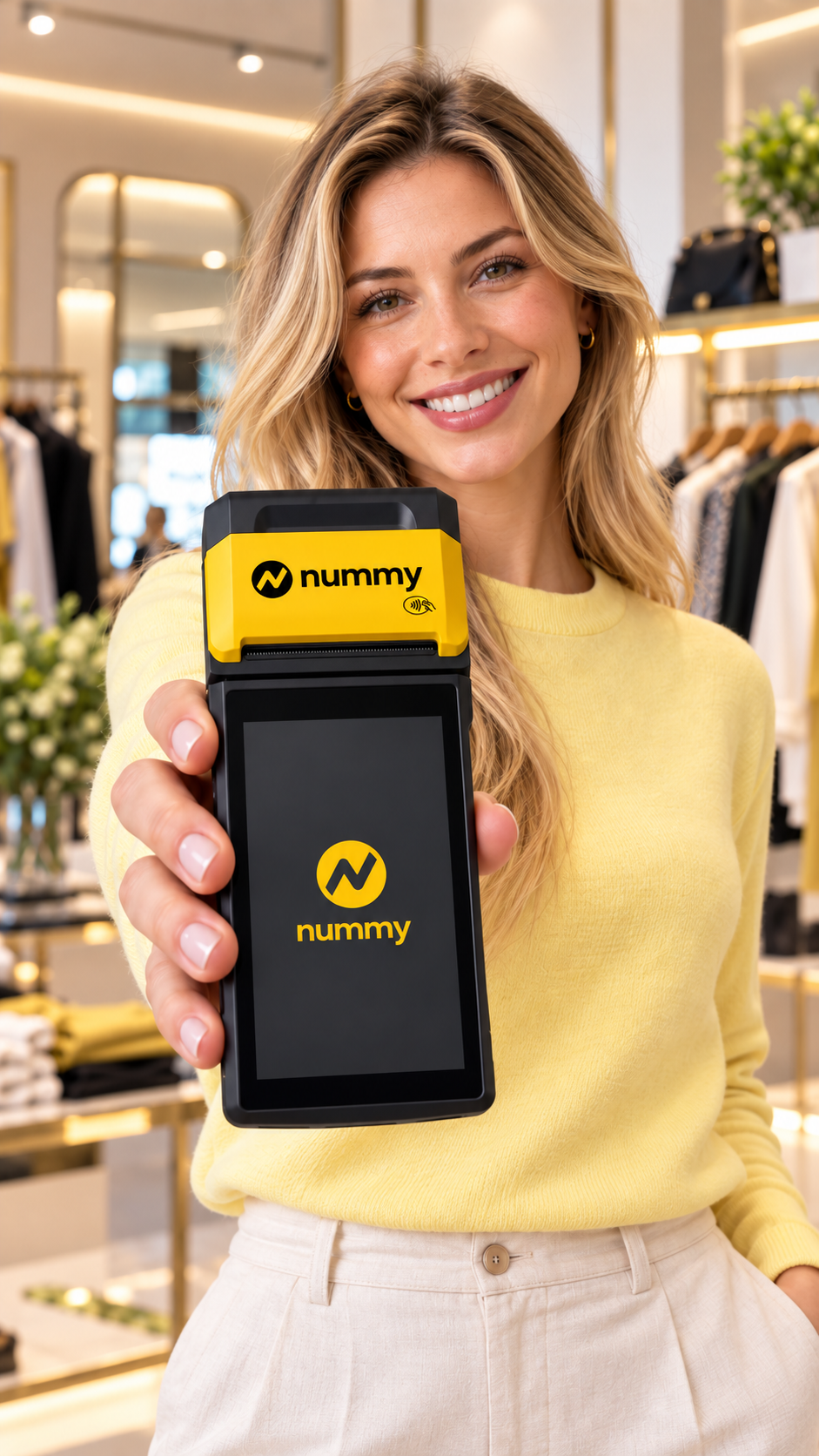 Empreendedora recebendo pagamento com a maquininha Nummy